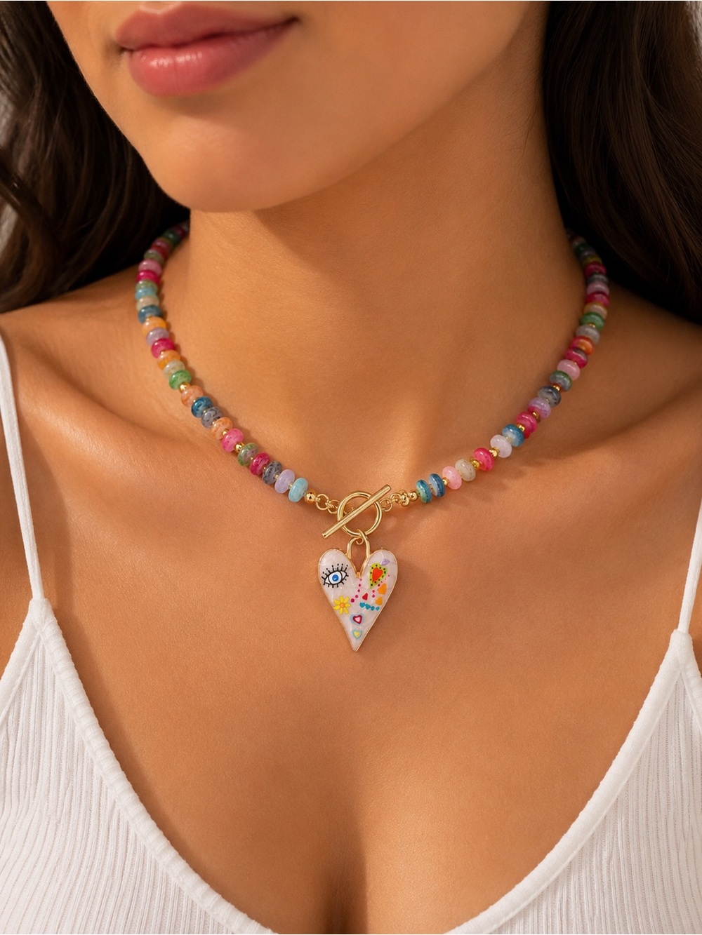 Multicolor Beaded Necklace with Heart Pendant